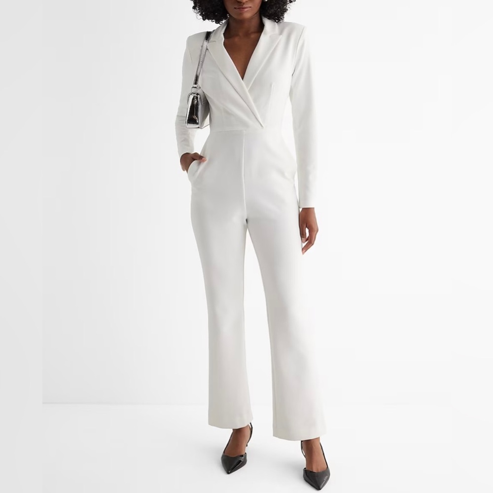 White Twill Long Sleeve Blazer Jumpsuit (from Express)